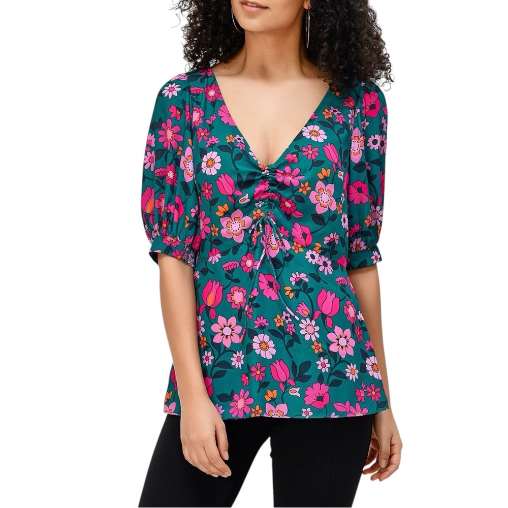 Eshakti Wayward fancies Floral Print Crepe Ruched Empire Top V Neck 3X-24W EUC